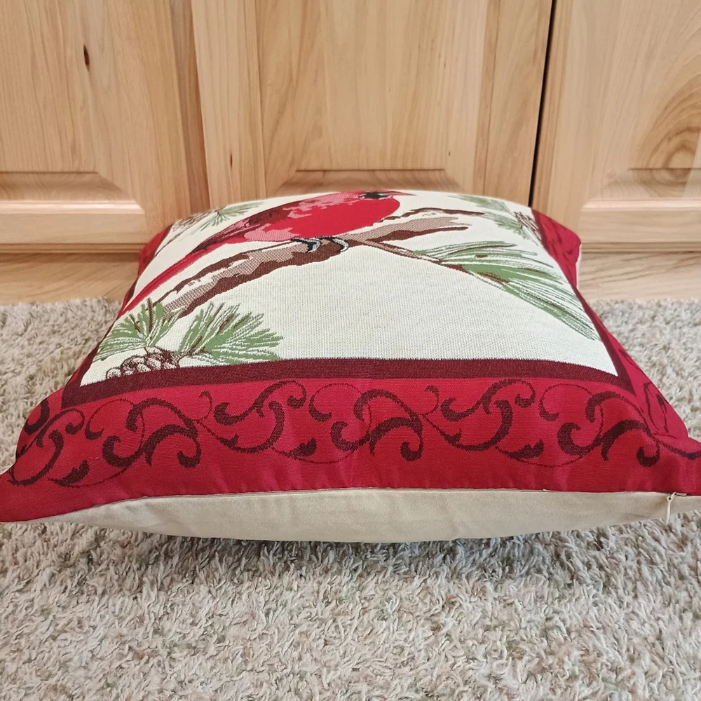 Vintage Cardinal Bird On Pine Branch Tapestry Throw Pillow Red Tan 18x18
